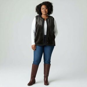 Chicos Womens Faux Fur Sweater Vest Sz 3 XL Black Open Front Wool Blend Boho